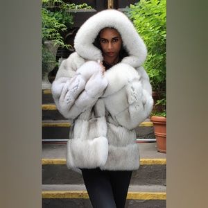 SALE! Fluffy Blue Fox Jacket Hood Horizontal